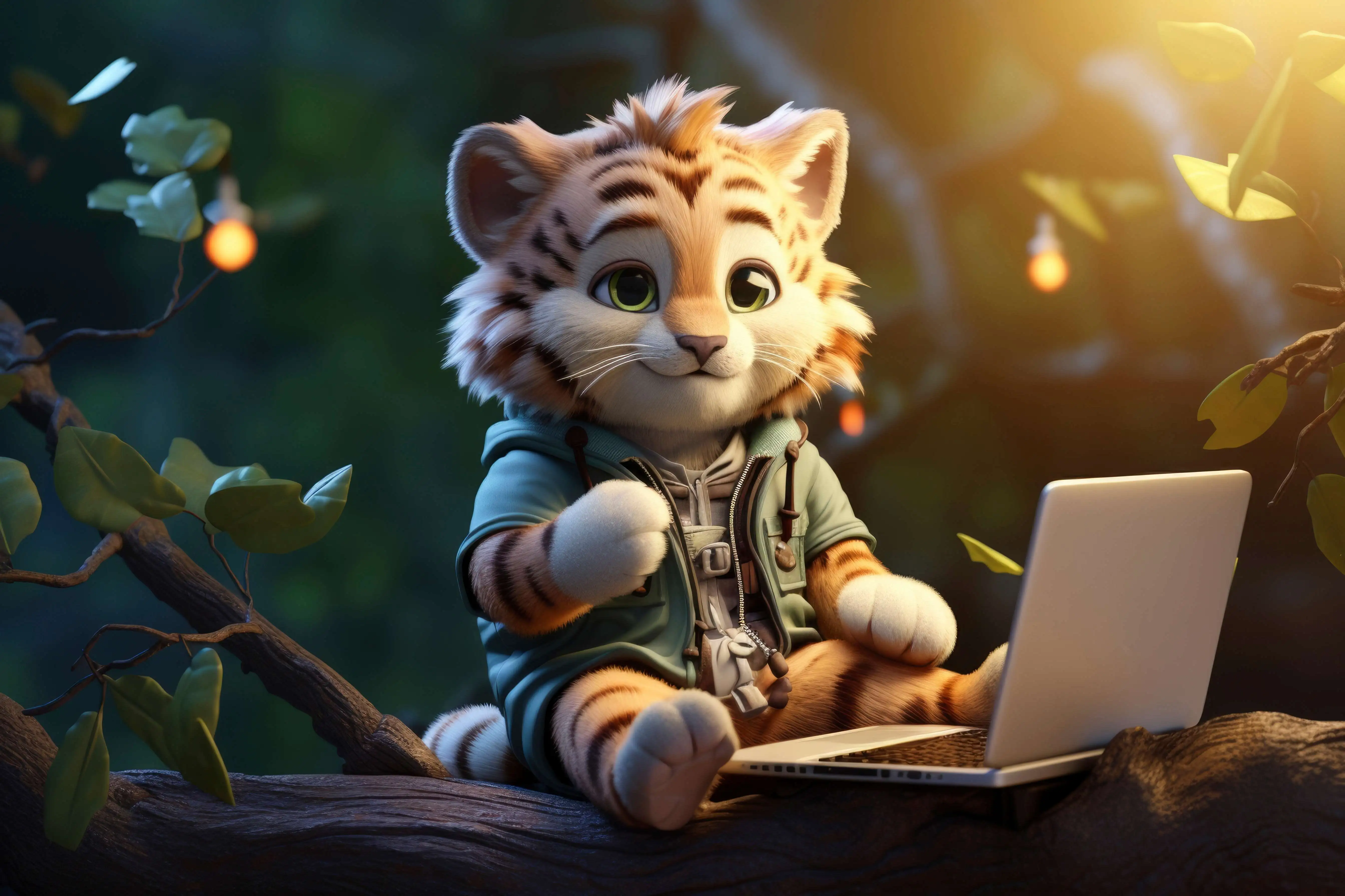 cute tiger with laptop for image compress